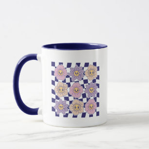 Taza Estética de Cuadro de Flores Sonrientes Retro Groo