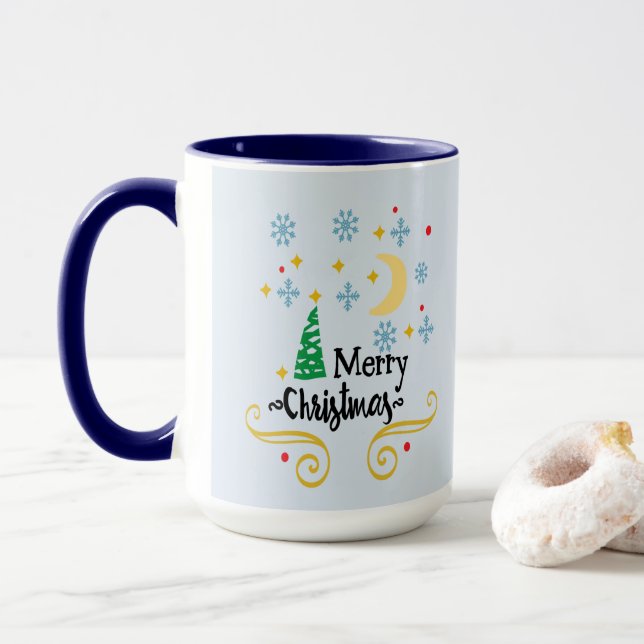Taza Estrellas, luna, copos de nieve y Feliz Navidad, Z (Con donut)