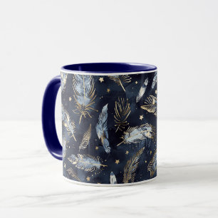 Taza Estrellas Plumas Oro Azul