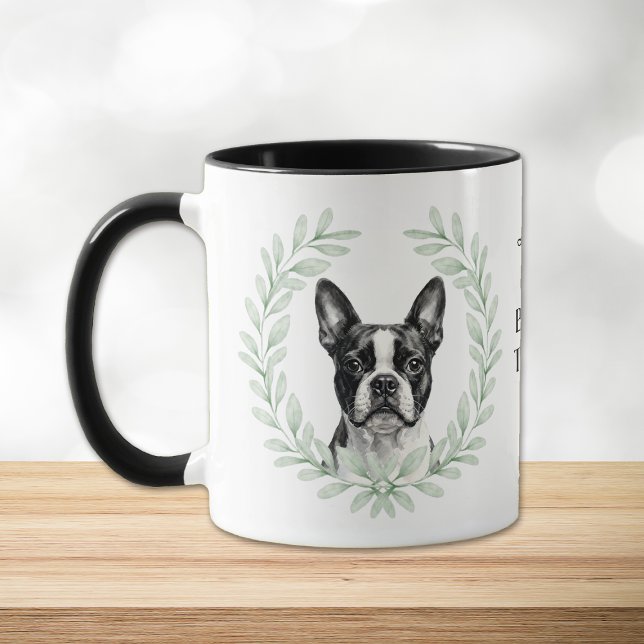 Taza Eucalyptus Wreath Boston Terrier Dog Monogram (Subido por el creador)