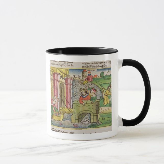 Taza Éxodo 2 1-6 Moses que es flotado abajo del Nilo y (Derecha)
