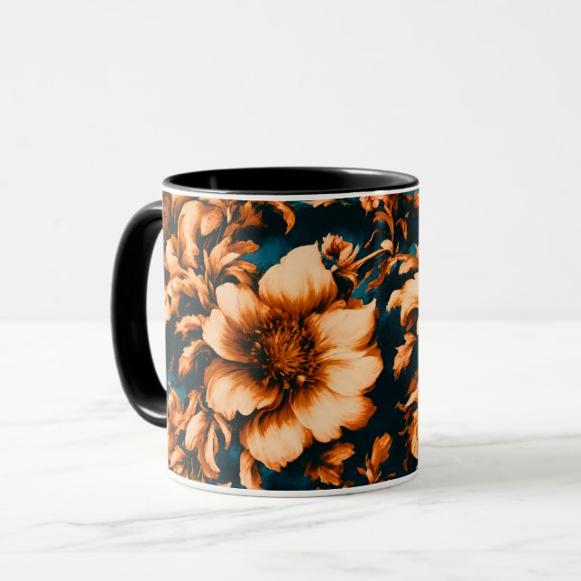 Taza Exquisitas y lujosas flores doradas, hojas en azul (Anverso izquierdo)