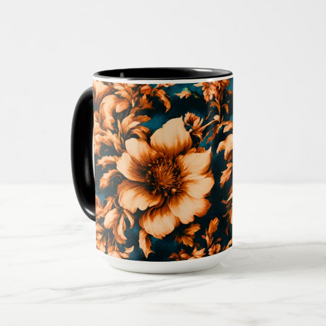 Taza Exquisitas y lujosas flores doradas, hojas en azul (Anverso izquierdo)