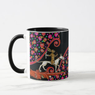 Taza EXTRAÑO conejo BESTIARIO MEDIEVAL montando un perr