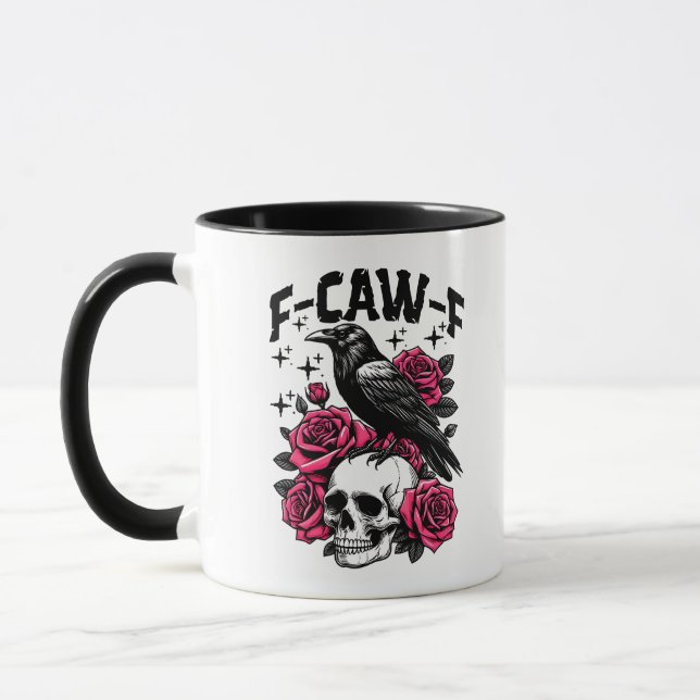 Taza "F-CAW-F" Gothic Crow Skull & Pink Roses Mug (Izquierda)