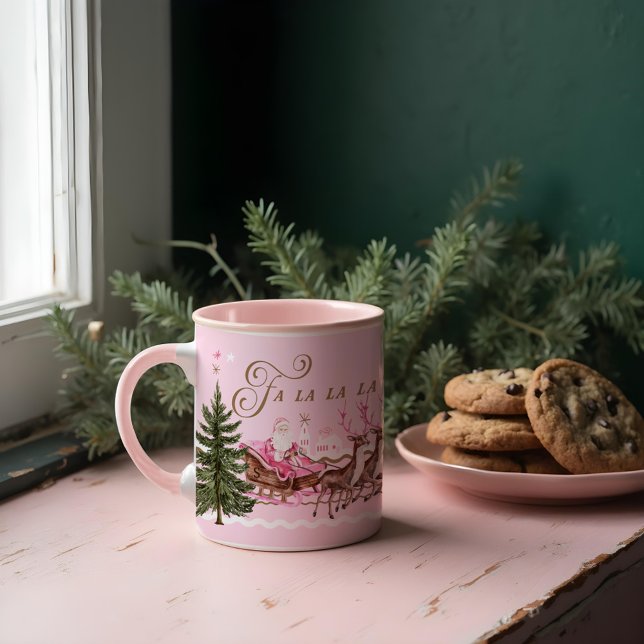 Taza Fa La Merry Navidades rosas y renos de Santa Selig (Fa La Merry Pink Christmas Santa Seligh Reindeer Mug)