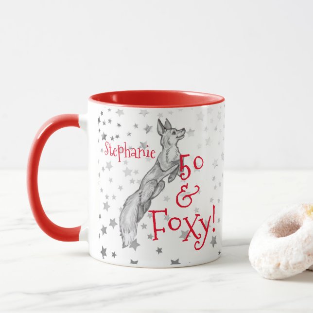 Taza Fabuloso Foxy 50 cumpleaños Black White Fox (Con donut)