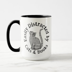 Taza Fácilmente Distraído por Gatos y Libros Vintage