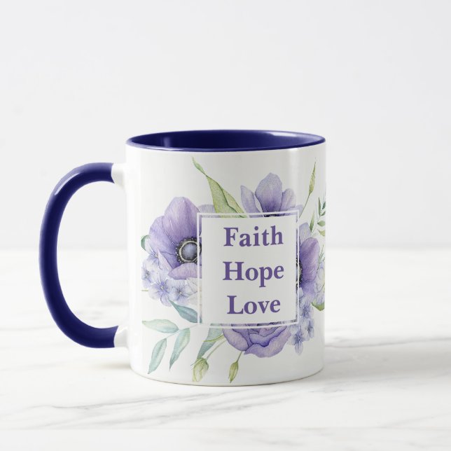 Taza Faith Hope Amor con flores acuarelas Monograma (Izquierda)
