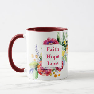 Taza Faith Hope Amor con flores acuarelas Mug