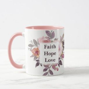 Taza Faith Hope Love flores acuarelas Monograma
