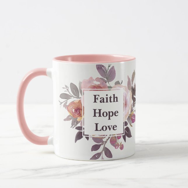 Taza Faith Hope Love flores acuarelas Monograma (Izquierda)