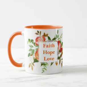 Taza Faith Hope Love naranja flores acuarelas Monograma
