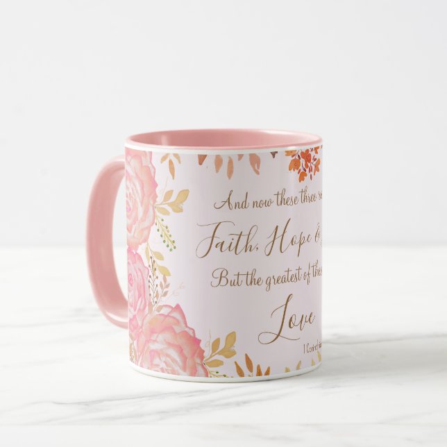 Taza Faith Hope Love Scripture Floral Pink Gold Rosa (Anverso izquierdo)