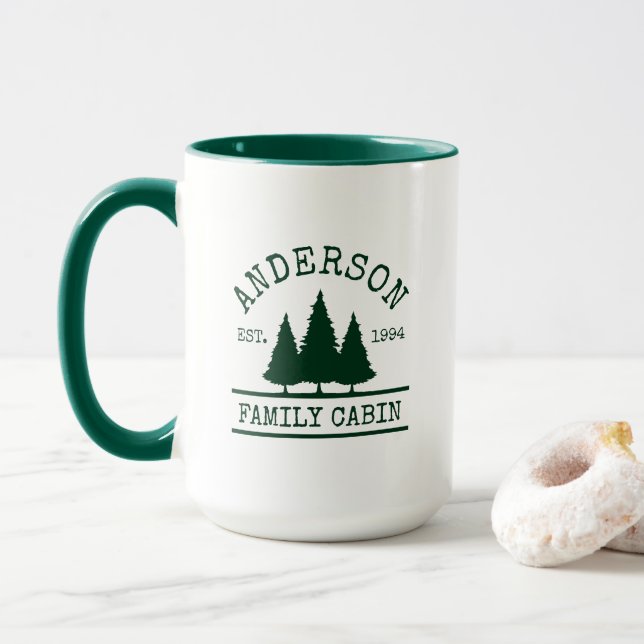 Taza Familia Cabina Nombre Pine Trees Verde (Con donut)