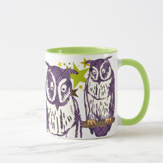 Taza Familia de búhos geométricos estilizados púrpura