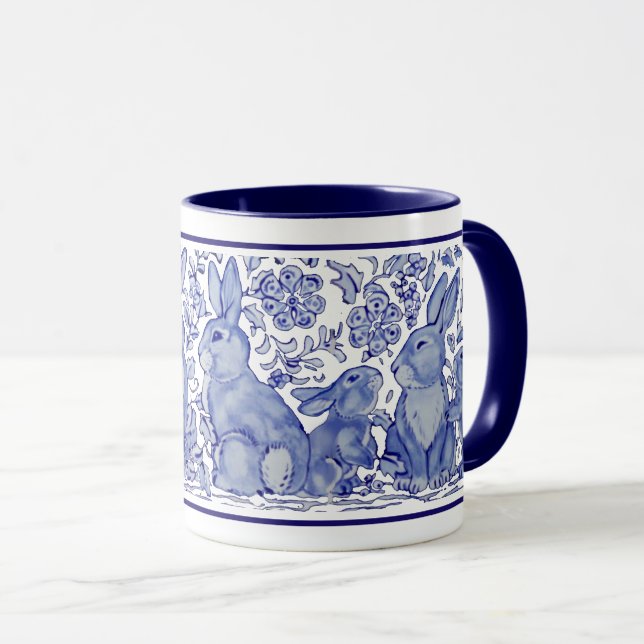 Taza Familia de conejo lindo Azul Delft Dedham Mug (Anverso derecho)