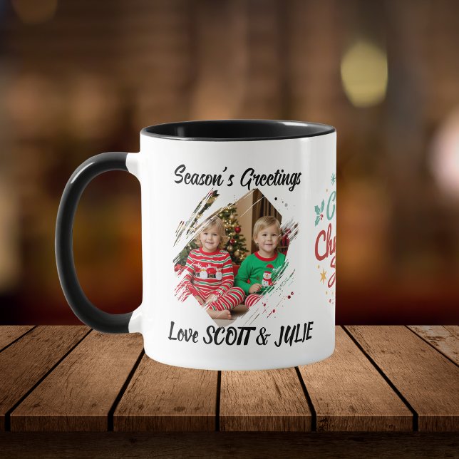 Taza Familia de Navidades fotográficos personaliza Mug (elegant Keepsake design 2 photos and Christmas in Center.)
