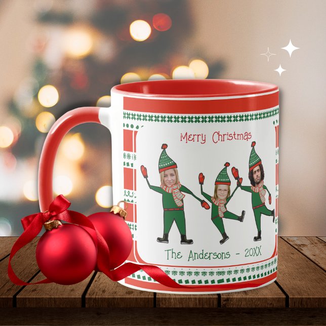 Taza Familia Elf divertida de tres Navidades rojos verd (Subido por el creador)