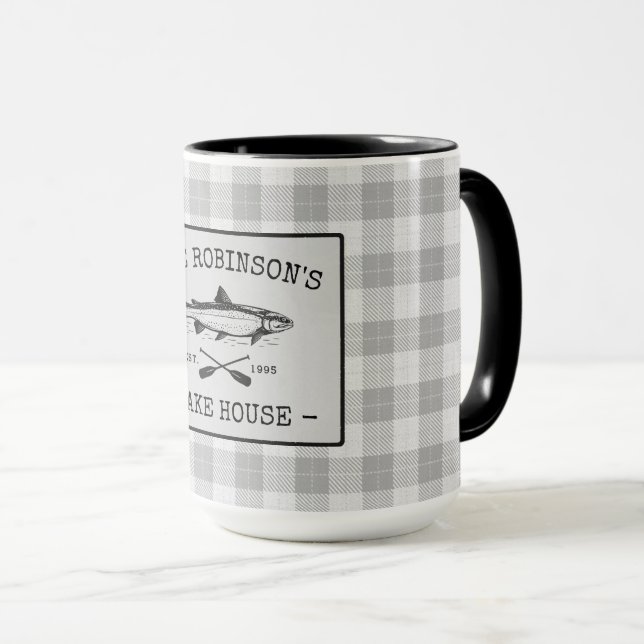 Taza Familia Lake House Oars Fish Rústico White Plaid B (Anverso derecho)