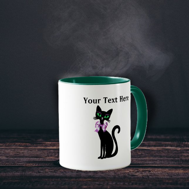 Taza Fancy Pretty Black Cat Pink Bow Green Eyes (Fancy pretty black cat green eyes wearing big pink bow on coffee mug for cat lovers.)