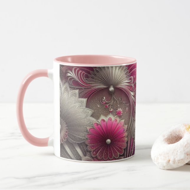 Taza Fans de rosa y plateado Art Nouveau (Con donut)