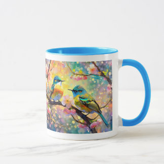 Taza Fantasía de Flor de Cerezo Amanecer Pájaros Cantor