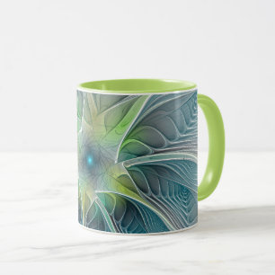 Taza Fantasía Flor Fractal Verde Azul