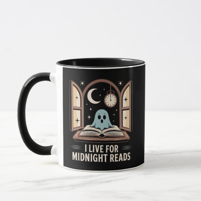 Taza Fantasma con libro Midnight Lee crema y oro (Izquierda)