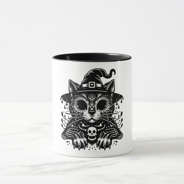 Taza Fantasma Gato Wearing Witch Gorra Halloween Mug (Centro)