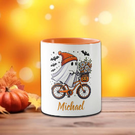 Taza Fantasma retro en Halloween en bicicleta