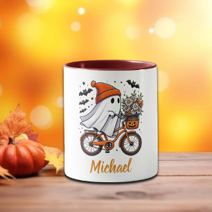 Taza Fantasma retro en Halloween en bicicleta