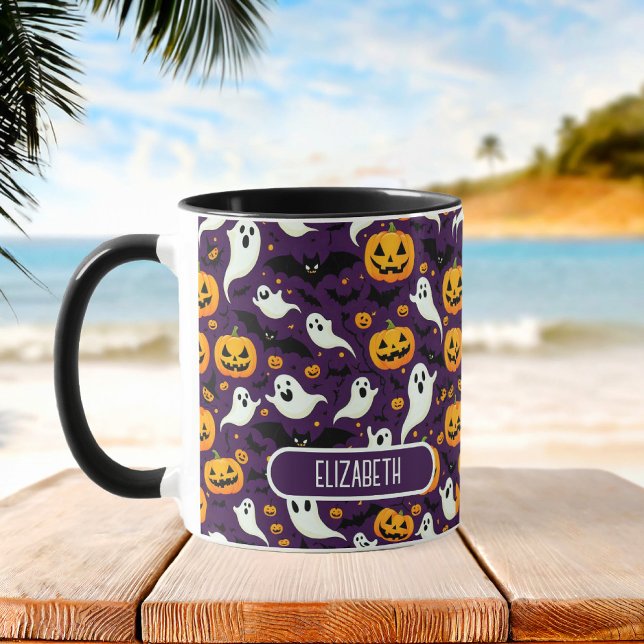 Taza Farmhouse Halloween Bats Patrón de calabaza Purple (Farmhouse Halloween Bats Pumpkin Pattern Purple Mug)