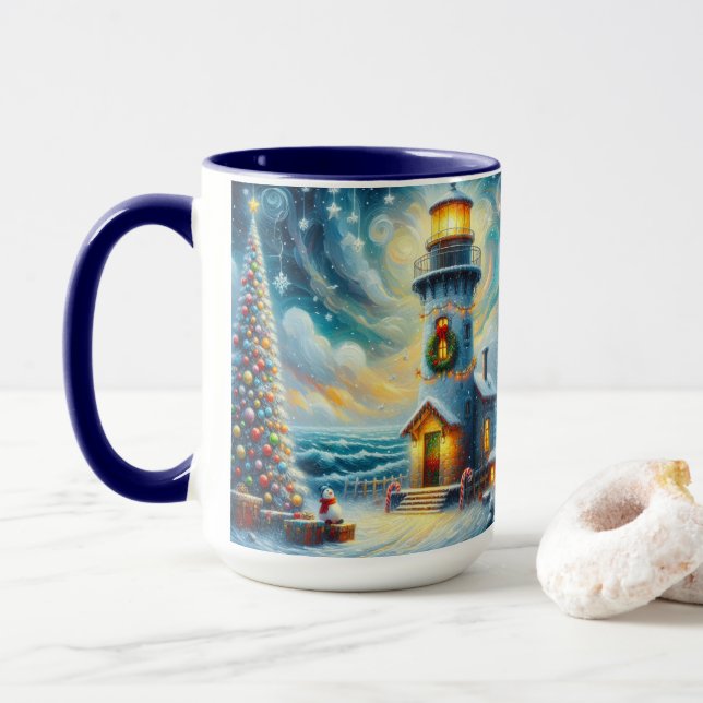 Taza Faro de árbol de navidad azul costero náutico (Con donut)