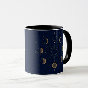 Taza Fases de la Luna de Oro Azul Marino Celestial