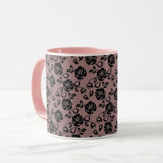 Taza Faux Black Lace Rosa Fishnet Coffee Mug Gift (Anverso izquierdo)