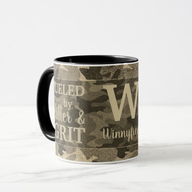 Taza Faux Gold Metallic Camouflage Glitter Monogram (Anverso izquierdo)