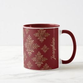 Taza Faux Golden Relieve metalizado Snowflakes On Red (