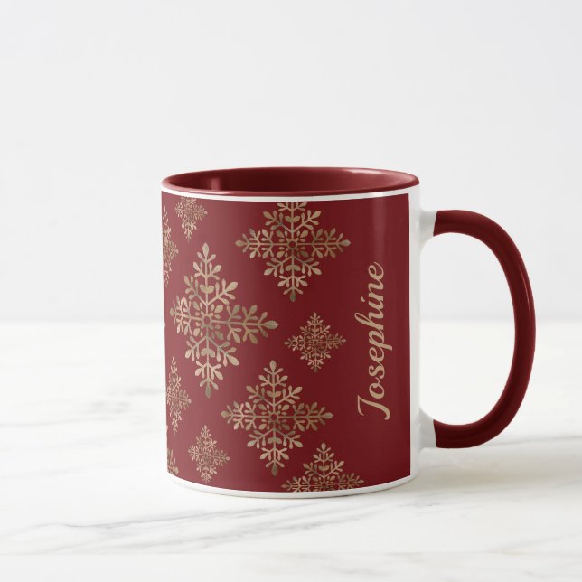 Taza Faux Golden Relieve metalizado Snowflakes On Red ( (Derecha)