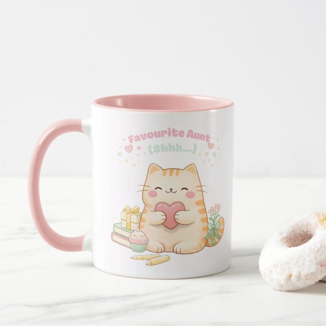Taza Favourite Aunt Cute Kawaii Kitty Cat Sweet Pink (Con donut)