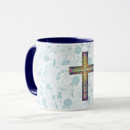 Taza Fe de estilo vintage azul y abrazo cruzado