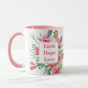 Taza Fe Esperanza Amor flores acuarela Monograma