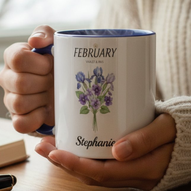 Taza February Birthday Violet Iris Botanical (Personalized February Birthday Violet Iris Botanical Mug )