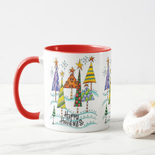 Taza ¡Felices Fiestas! Árboles de Navidad con estrellas