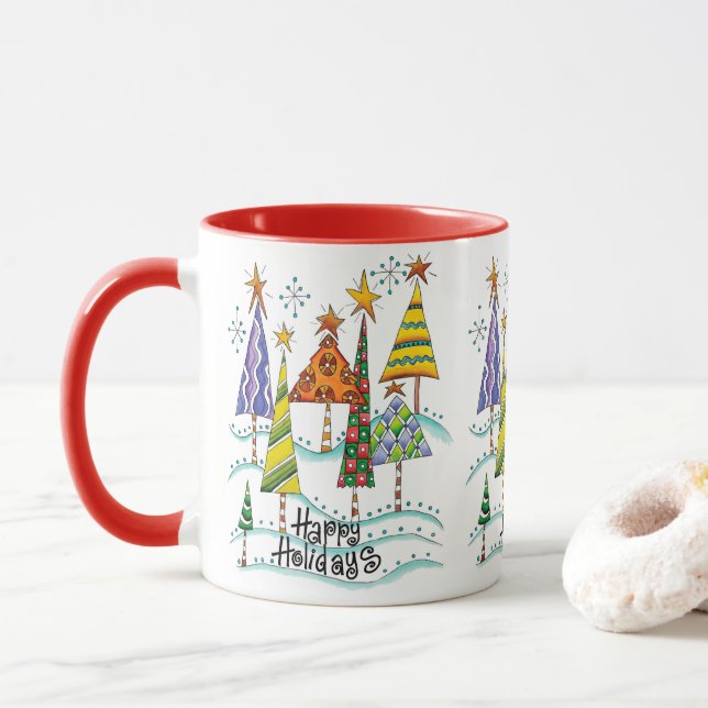 Taza ¡Felices Fiestas! Árboles de Navidad con estrellas (Con donut)