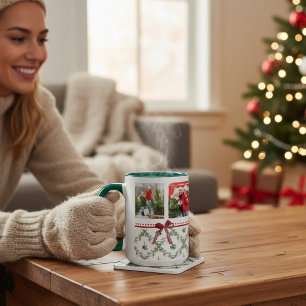 Taza Felices fiestas Mistletoe Red Bow Family Photo