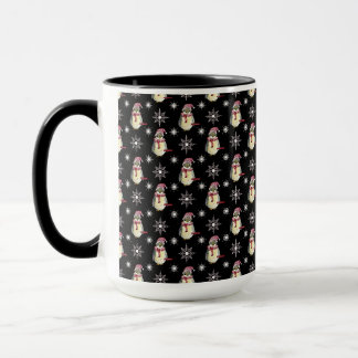Taza Felices Fiestas Pingüinos y Copos de Nieve en Negr