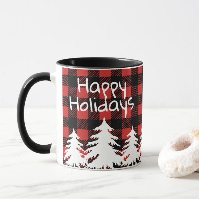 Taza Felices Fiestas Rústicas de Buffalo y Árboles Blan (Con donut)