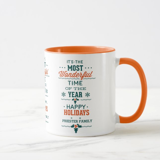 Taza Felices vacaciones Diseño de texto verde y Naranja (Derecha)