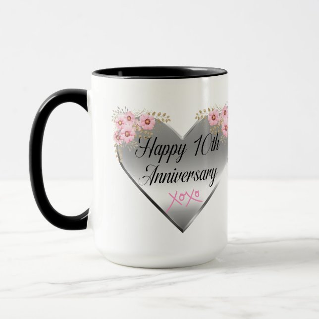 Taza Feliz 10° aniversario Boda Mug 15oz de dos tonos (Izquierda)